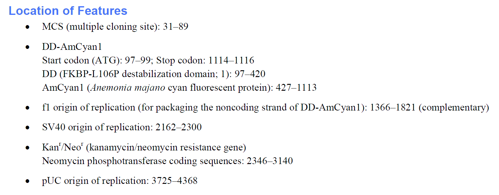 pDD-AmCyan1 Reporter 载体特征